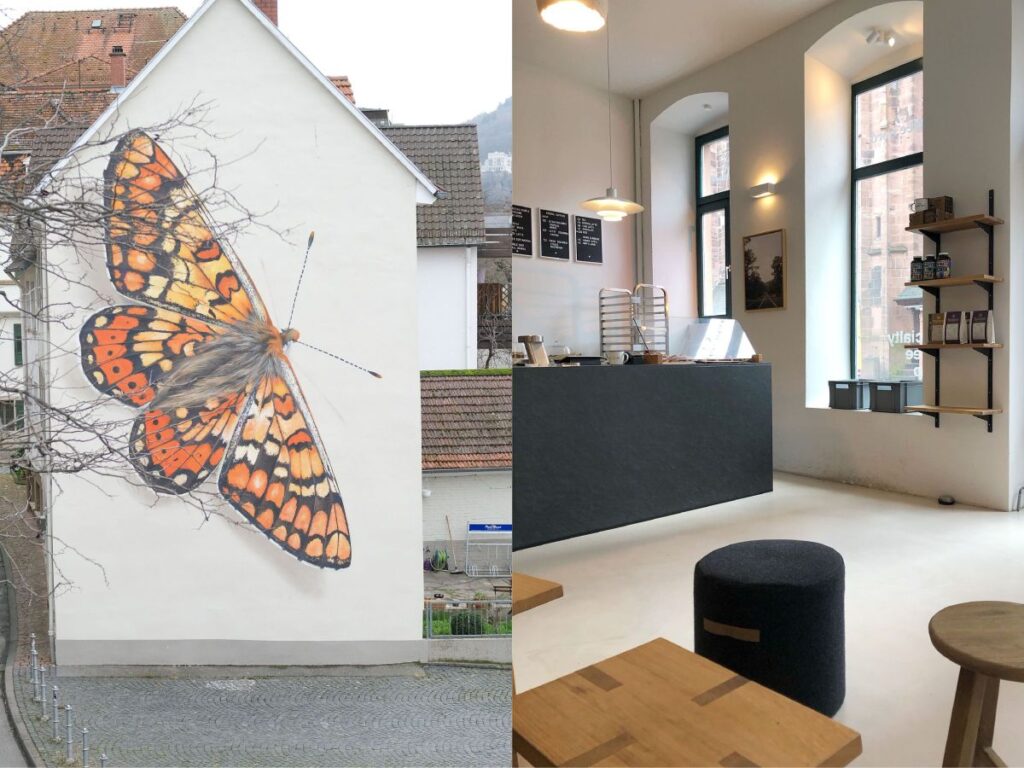 Graffito Schmetterling auf einem Haus in Heidelberg Neuenheim und Blick ins Café Nerd in der Heidelberger Altstadt
