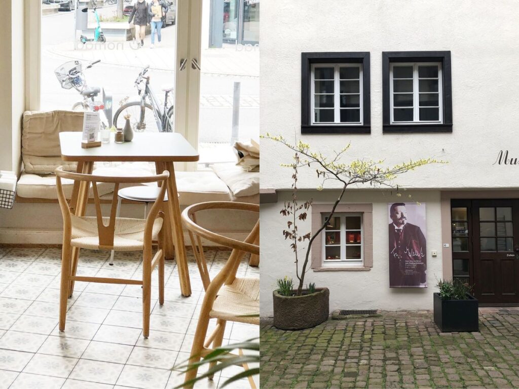 Blick ins Café Nomad in Heidelberg und die Außenansicht des Friedrich-Ebert-Museums in Heidelberg.
